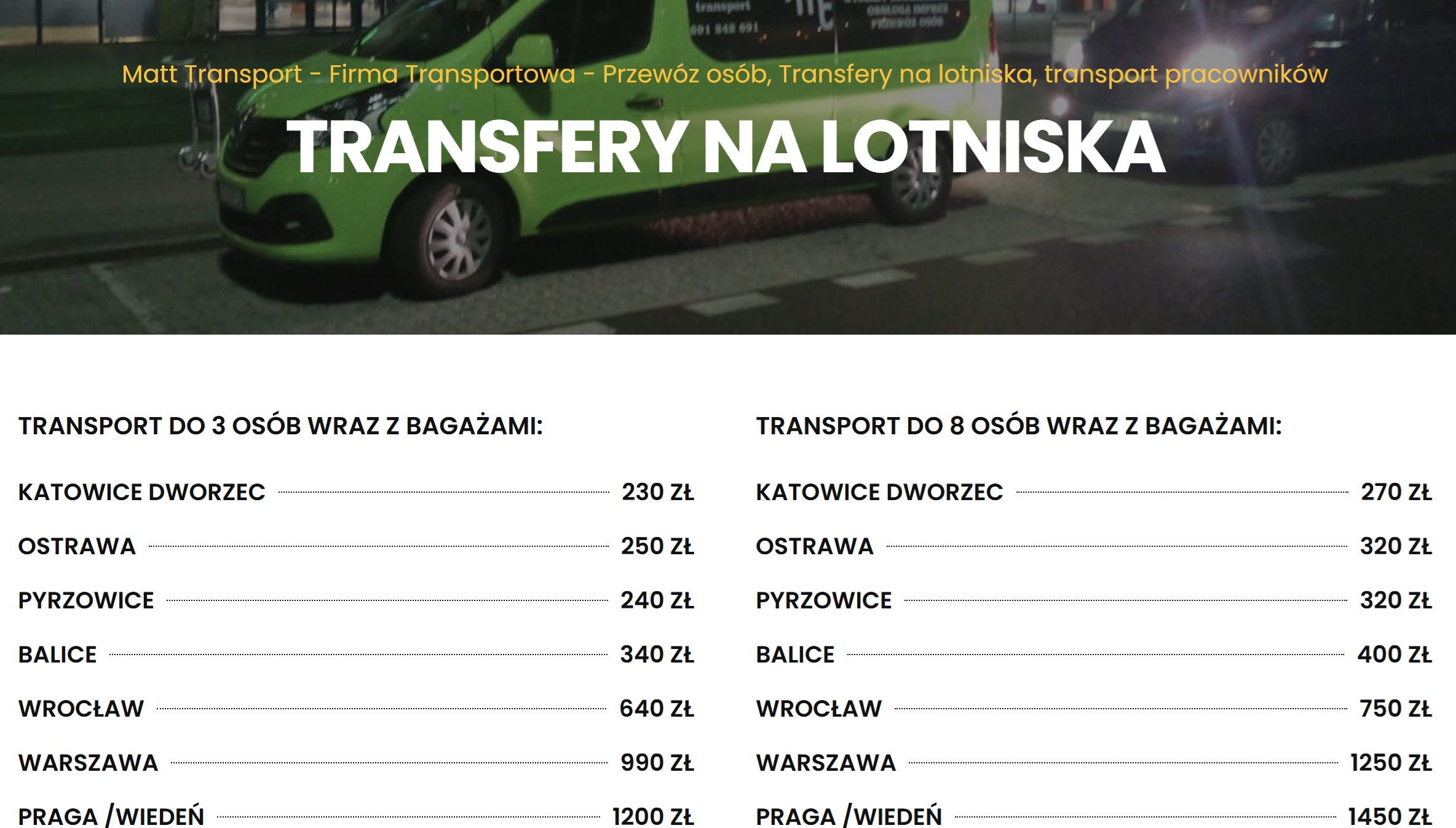 cennik transferu na lotnisko balice pyrzowice warszawa chopina wrocław